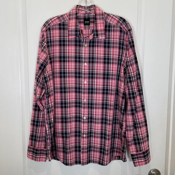 Boss Hugo Boss Plaid Checkered Button Down Shirt Pink Black Blue 100% Cotton L - Picture 1 of 5